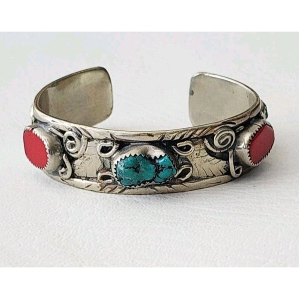 Sterling Silver Turquoise and Red Coral Cuff Bracelet